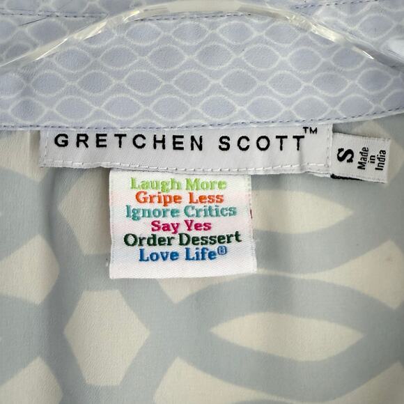 Gretchen Scott Button Up Shirt Sheer Size Small Light Blue & White Geometric - Picture 2 of 7